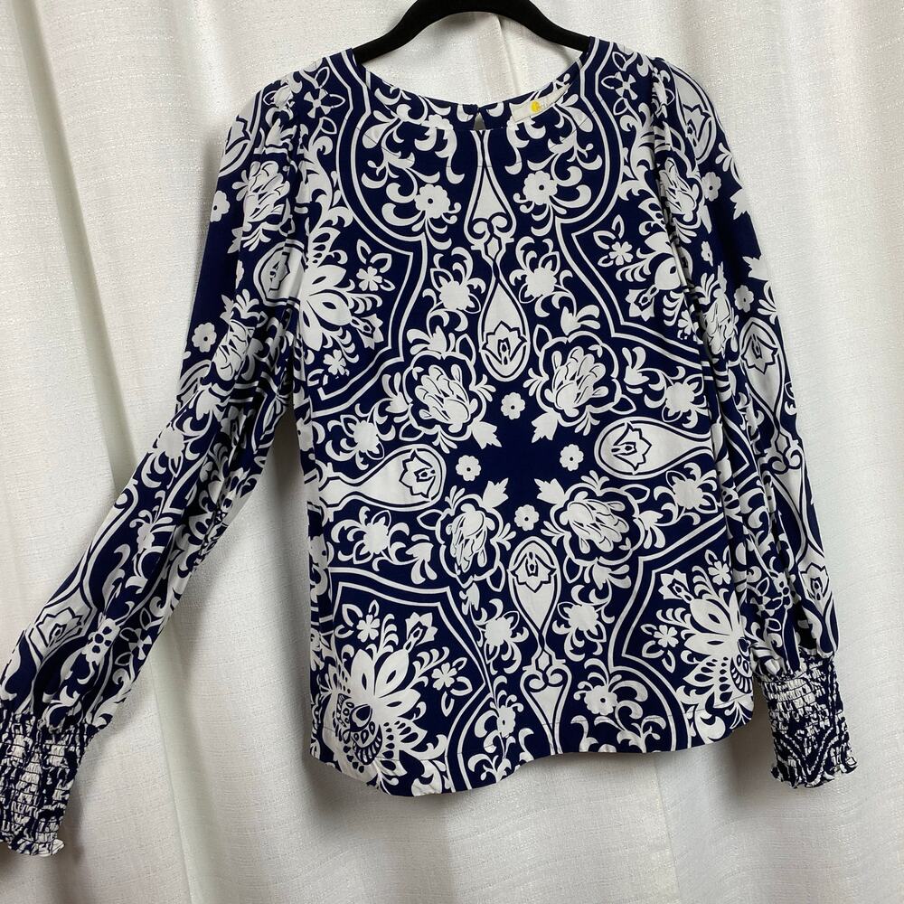 Boden Navy Blue Floral Paisley Long Sleeve Smocked Cuff Blouse Sz.6 NWT - Picture 10 of 16